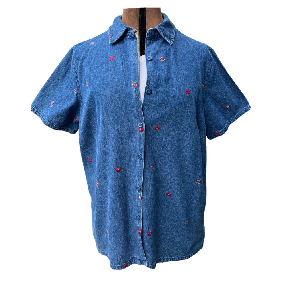 Style & Co blue denim button down shirt with embroidered flowers size 16w